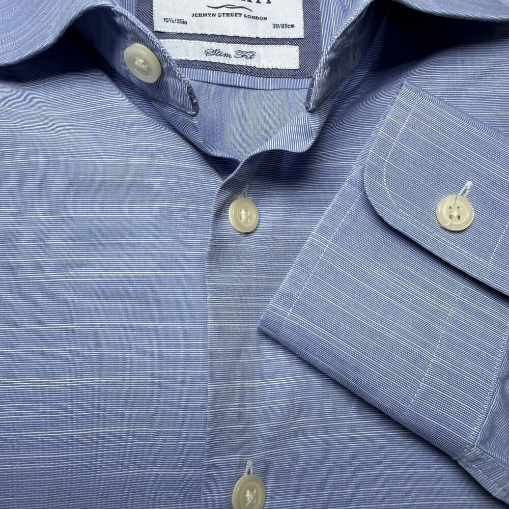 Charles Tyrwhitt Mens 15.5 35 Slim Fit Blue Striped Dress Shirt Long Sleeve